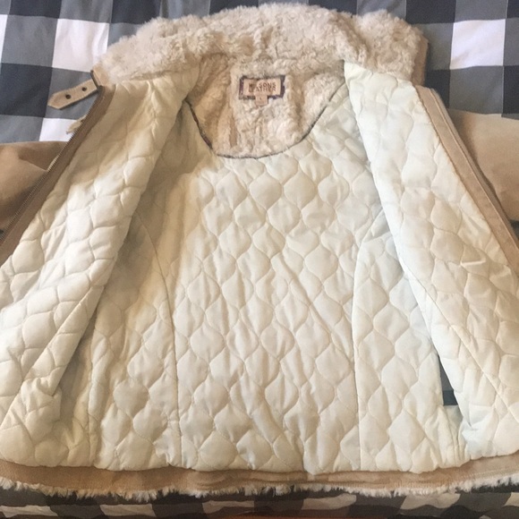 Womens WILSONS LEATHER Suede Camel Tan SHERPA Faux Fur Quilted Jacket Sz Large L - Picture 8 of 16